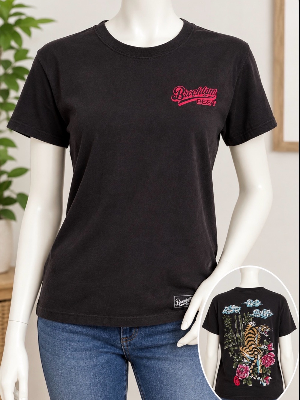 Brooklyn’s Best Short-Sleeve Tee with Red Chest Logo and Tiger Floral Back